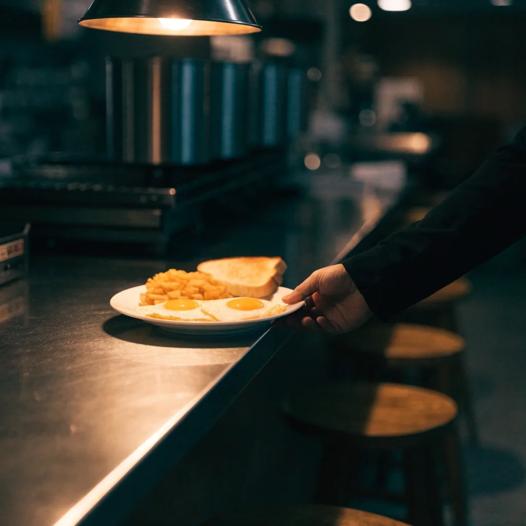 Overhead view of a diner plate with eggs, hashbrowns, and toast under a single overhead lamp on a dark counter