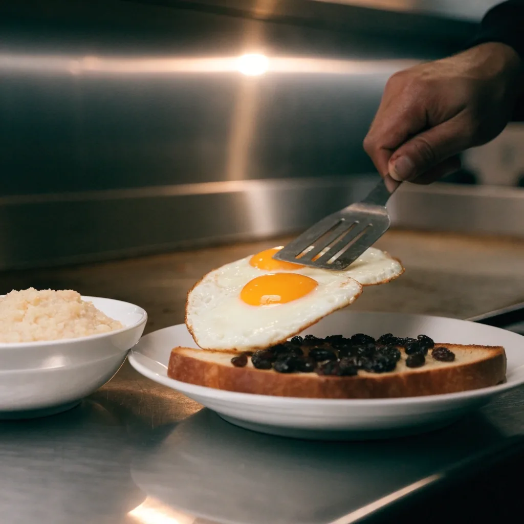 A close-up of a diner plate of eggs and toast under an overhead lamp