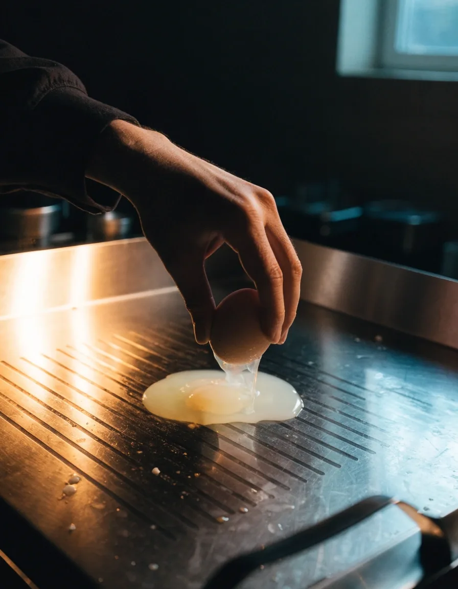 A cook's hand cracking an egg onto a hot diner griddle