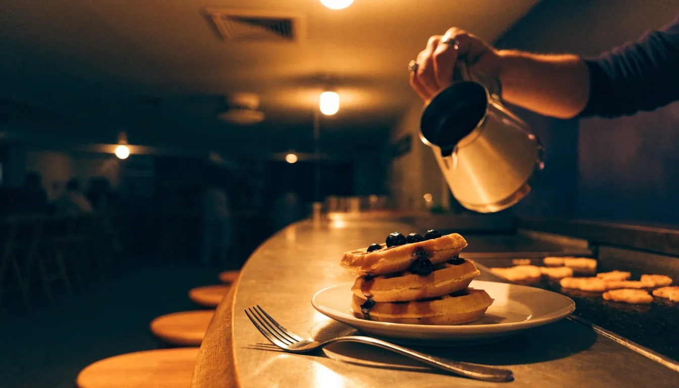 A wiped counter edge with a napkin and coffee cup under a single amber lamp