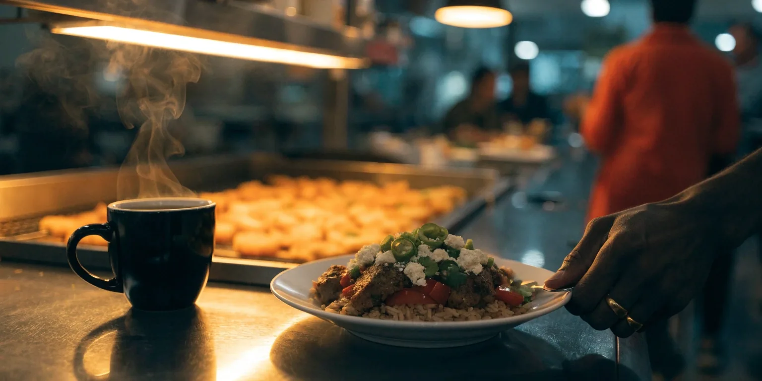 Late-night diner counter with a coffee mug, blank order slips, and a cook's arm entering the frame