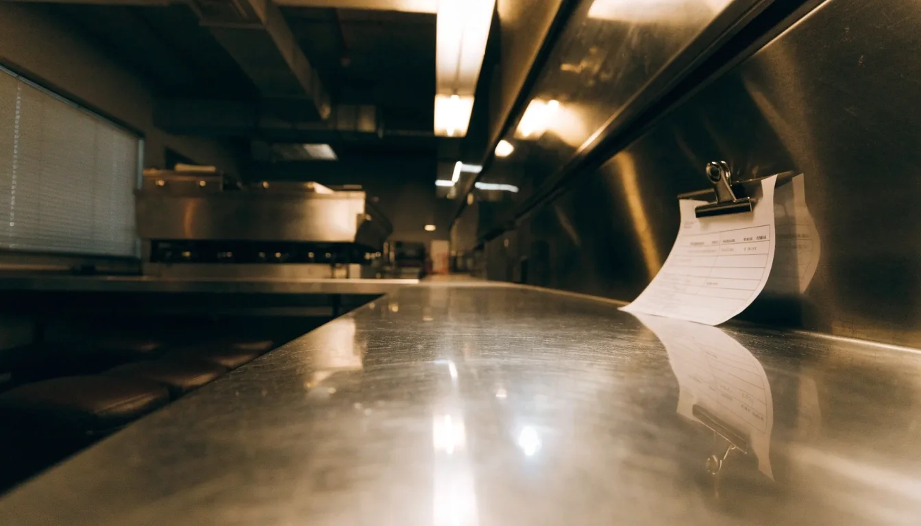 Diner counter at night seen through rain-lit glass, stools and a warm flat-top glow