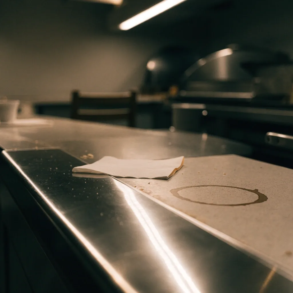 Paper placemat texture on a diner tabletop under a single overhead lamp