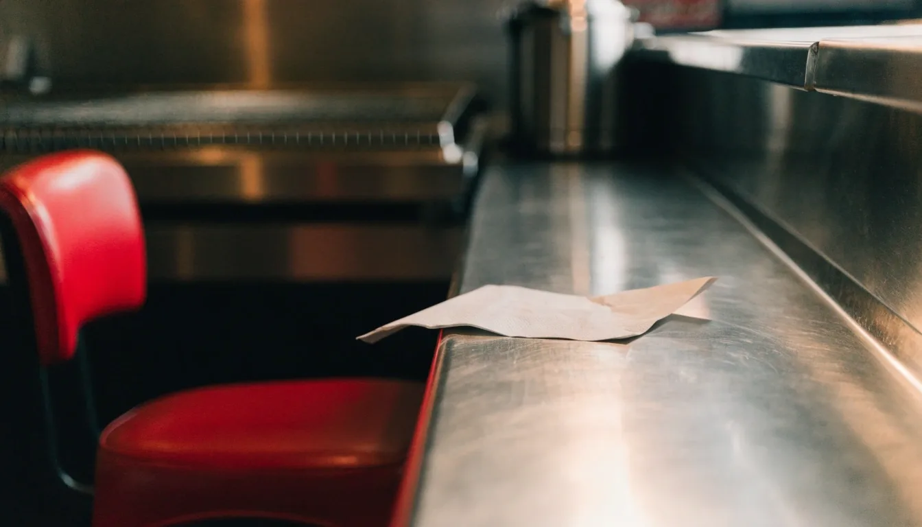 Single counter stool with a folded napkin and a wiped counter edge under an overhead grill light
