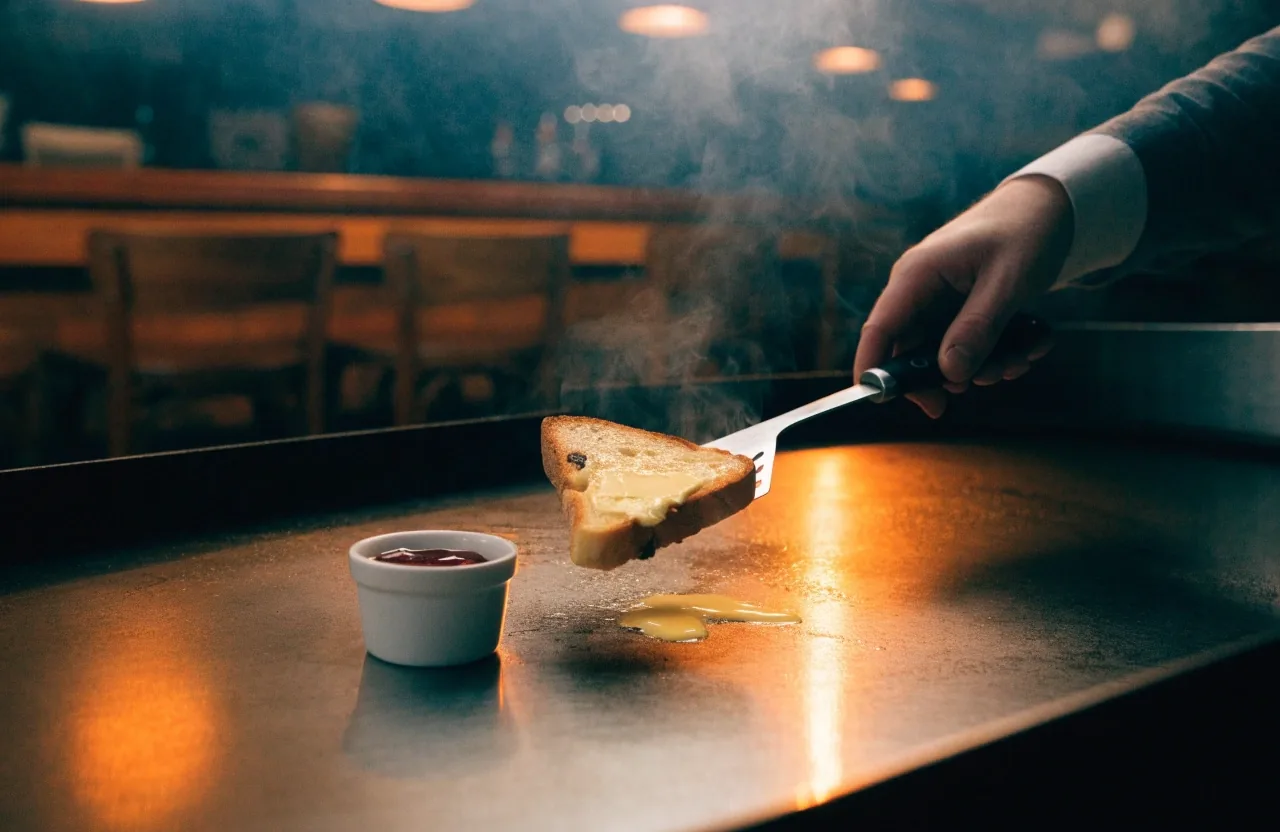 A cook's arm at the griddle seen through the diner pass window