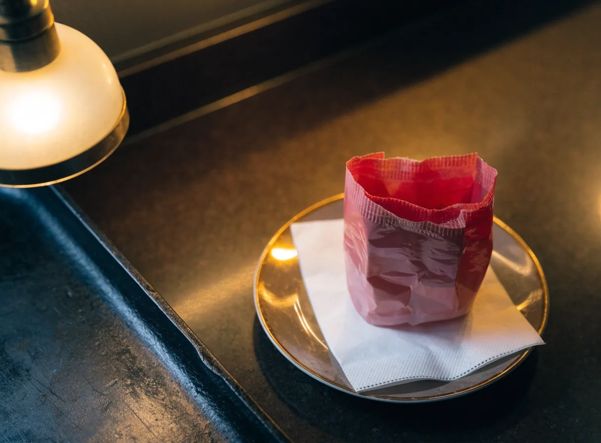 A folded jelly packet on a paper napkin beside a side plate on a diner counter