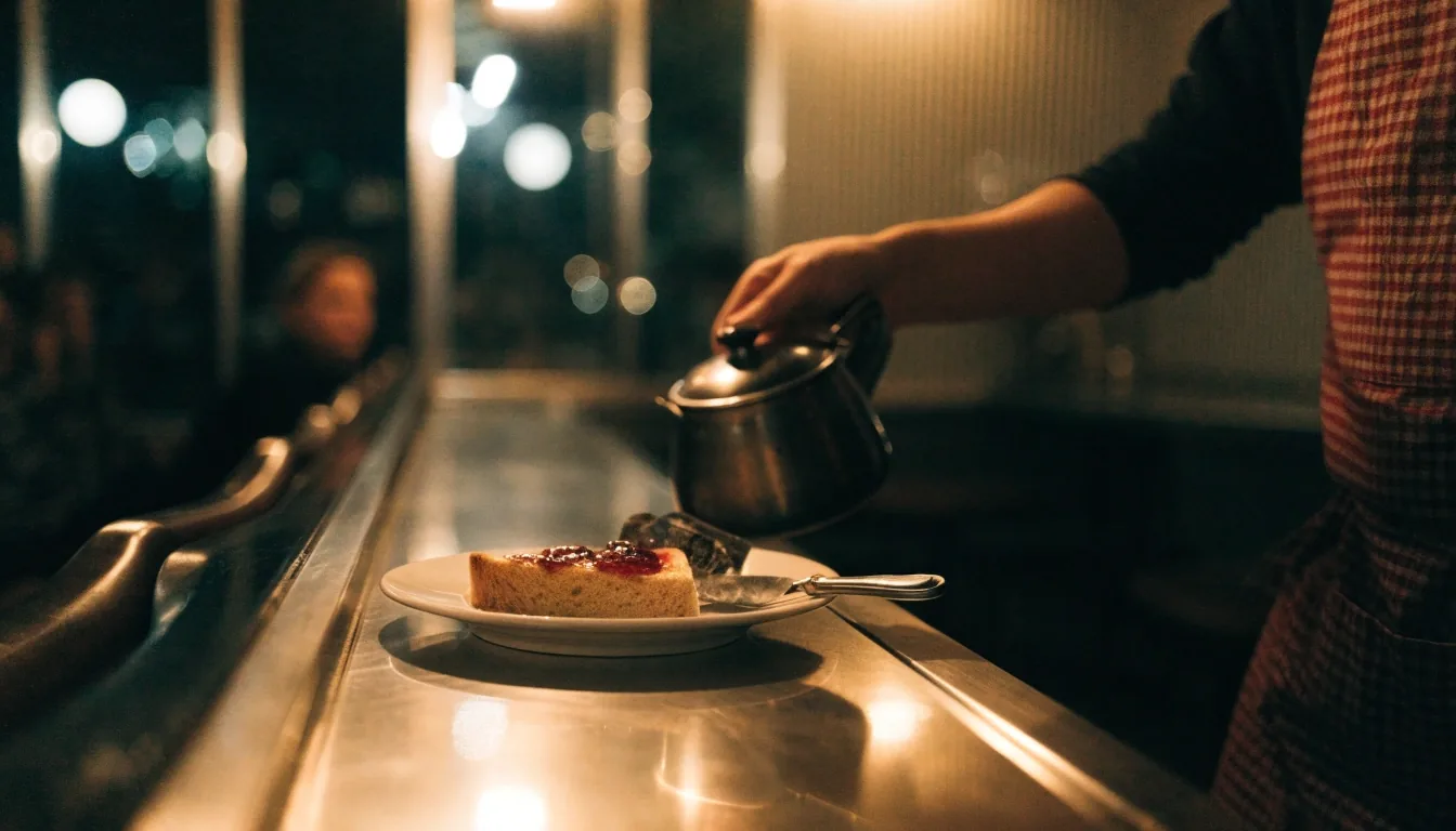 A diner counter seen through rain-streaked window glass at night, stools empty under a glowing griddle