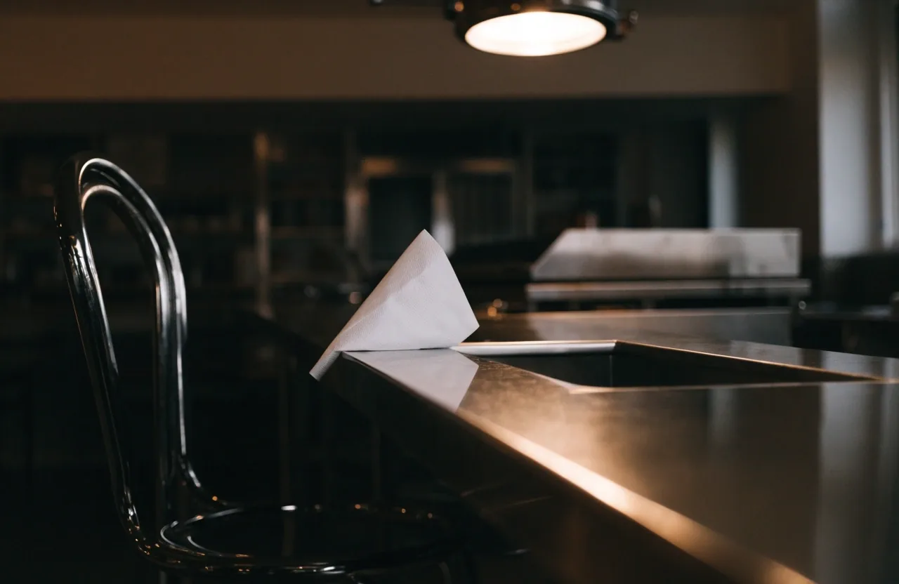 A single stool and a folded napkin on a diner counter under one overhead lamp at night