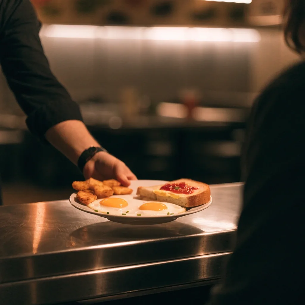 An overhead view of a plated diner breakfast with eggs, hashbrowns and toast on a counter