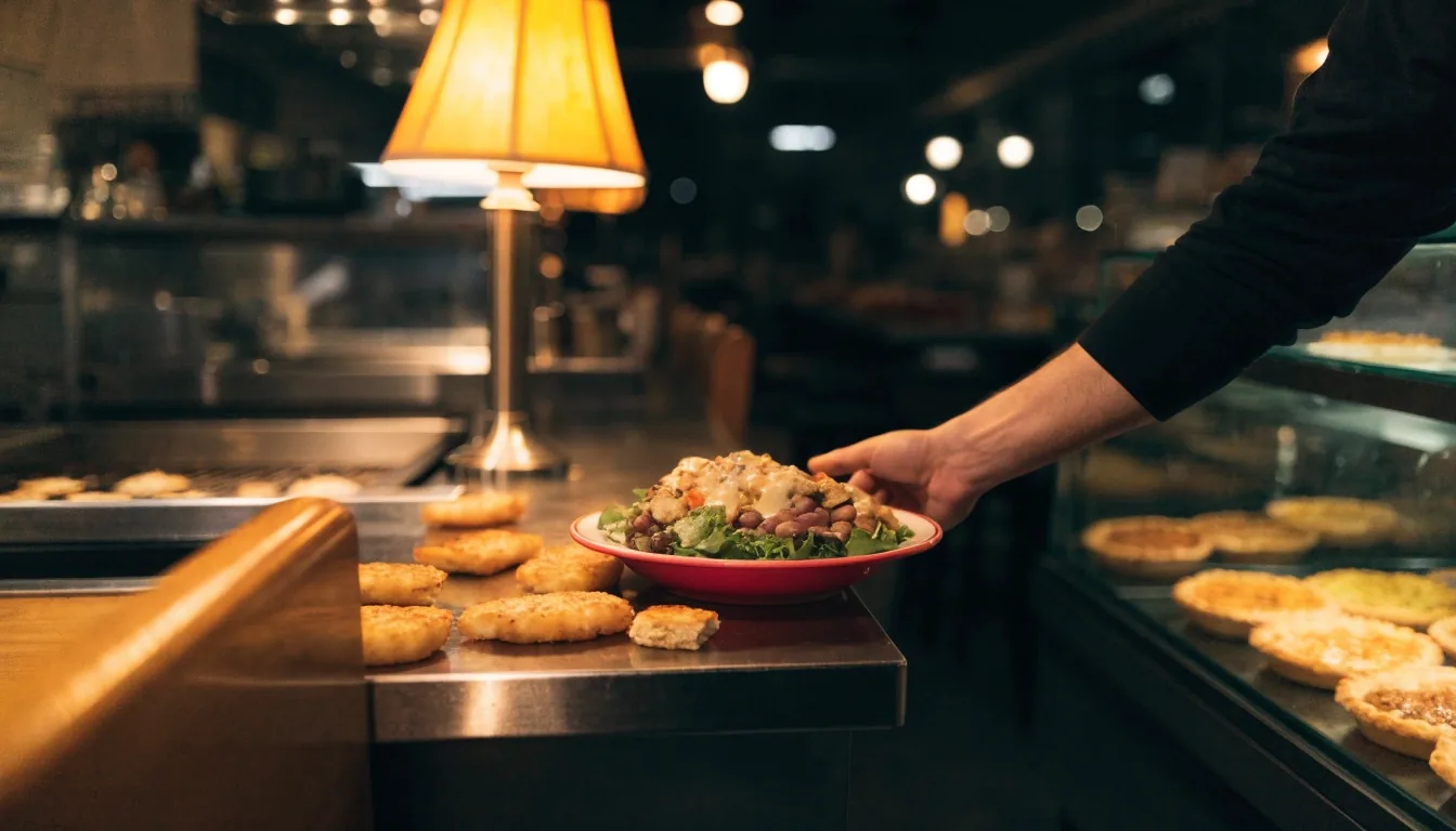A small side plate and a turned-away jelly packet on a diner counter under one lamp