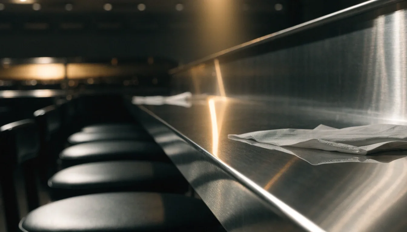 A single stool and a folded napkin at a late-night diner counter under one grill light