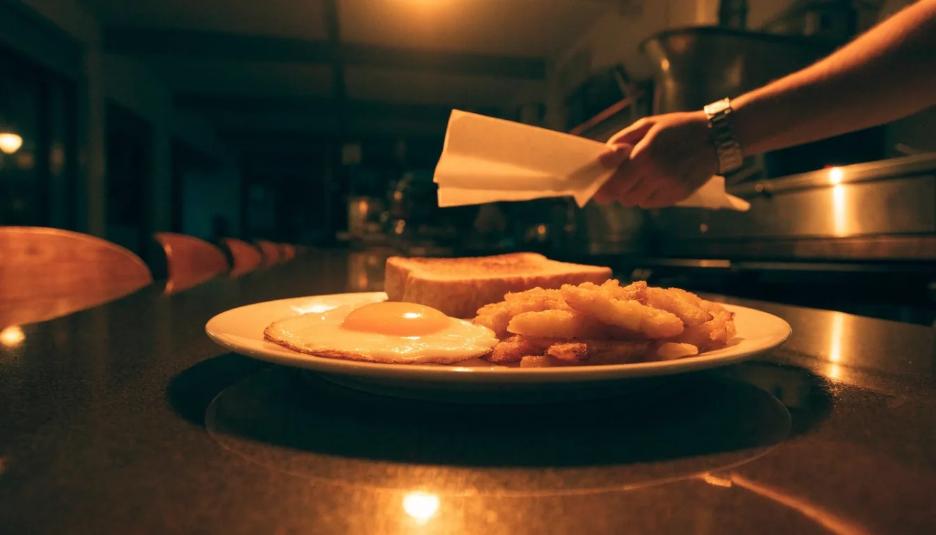 A diner breakfast plate of eggs, hashbrowns and toast photographed from above on a dark counter