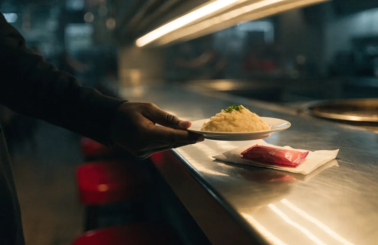 A folded jelly packet on a paper napkin beside a small side plate on a diner counter