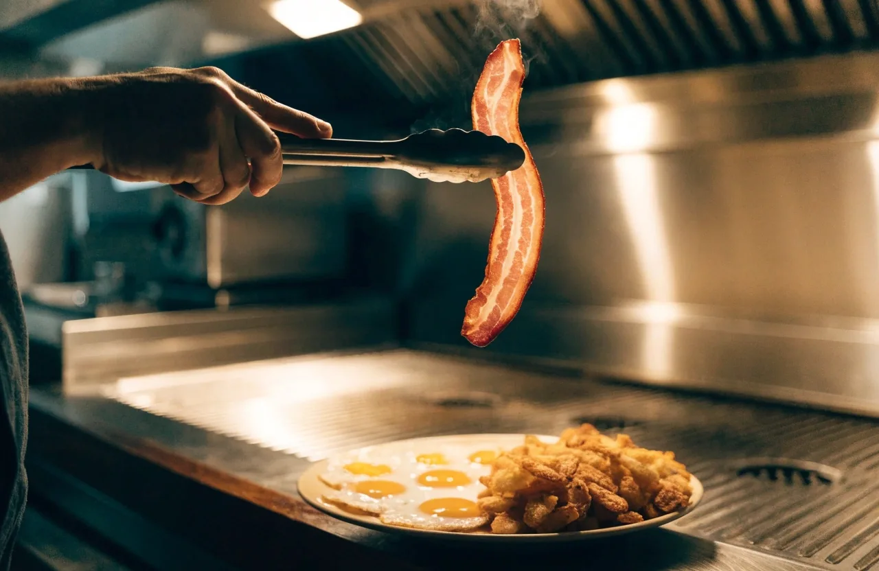 A plate of eggs, hashbrowns and toast on a diner counter under one hard lamp