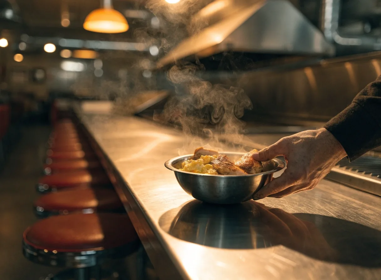 A diner bowl of grilled chicken and scrambled eggs on a stainless counter under one lamp