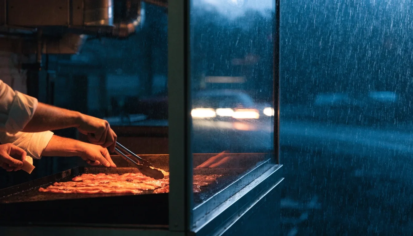 A cook's hands working the griddle at a diner pass, order slips clipped above on the rail