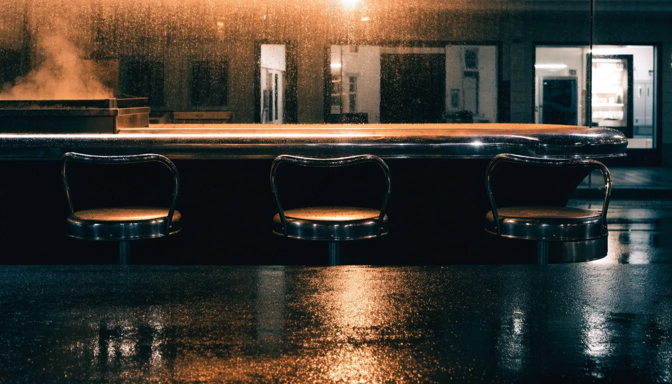 A diner counter seen from across a rainy street at night, sodium light on empty stools and a glinting griddle