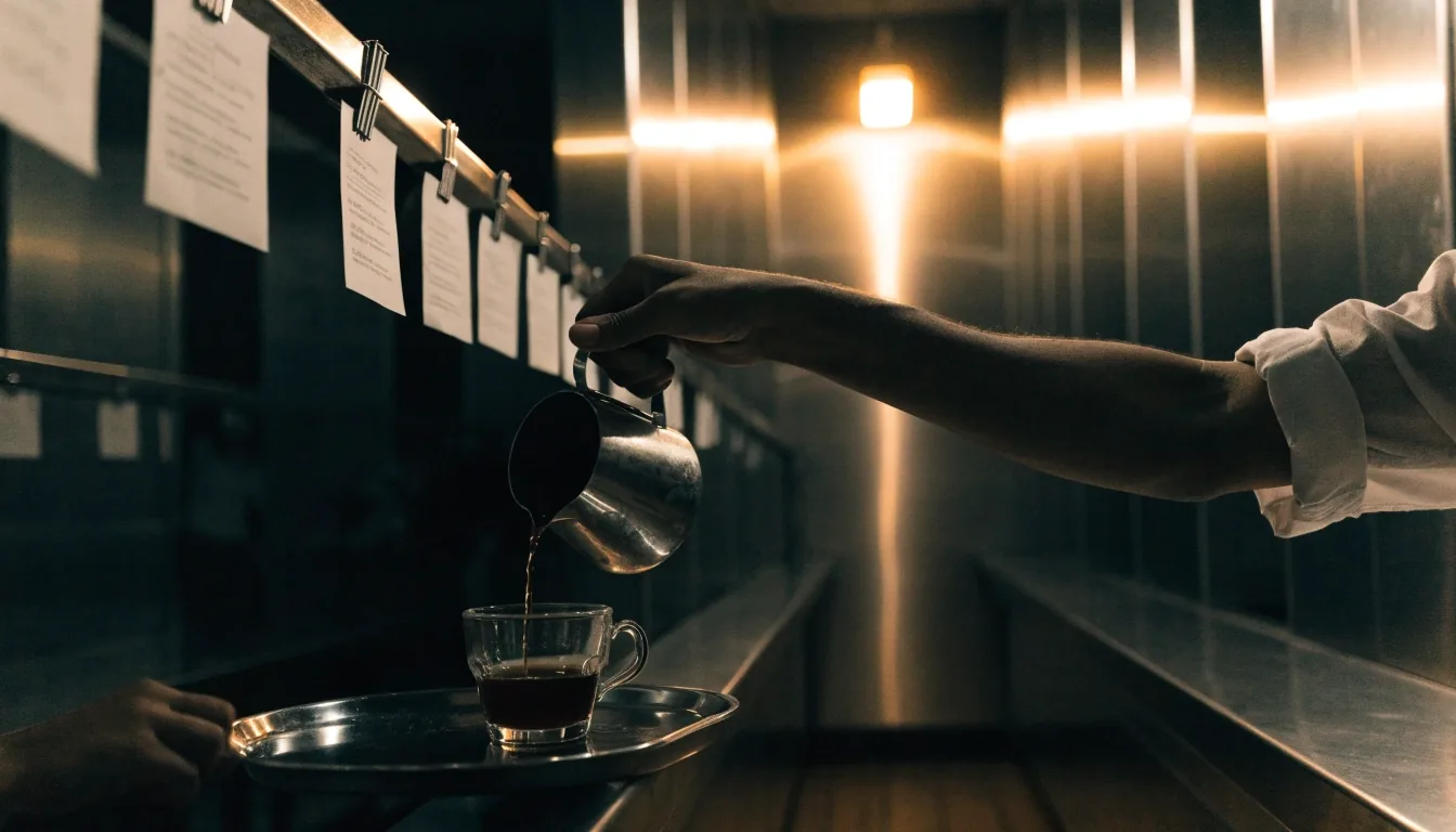 Order slips clipped on a rail above a diner counter at night, a server refilling coffee below