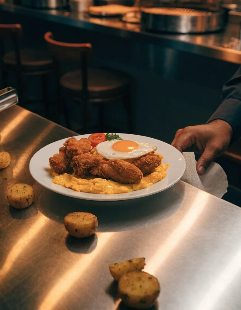A cook's forearm reaching through the pass to clip a slip onto the grill rail