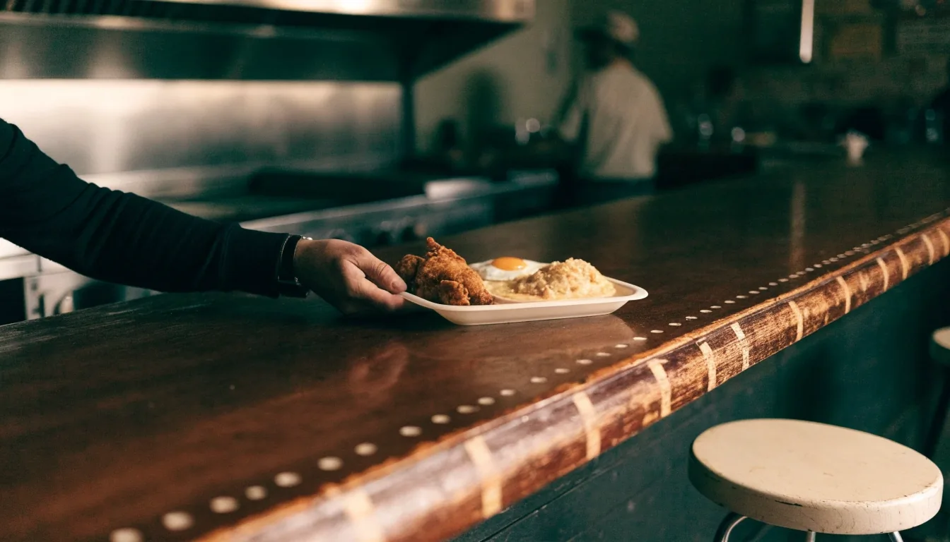 A wiped counter edge and folded napkin under an overhead grill light at a late-night diner
