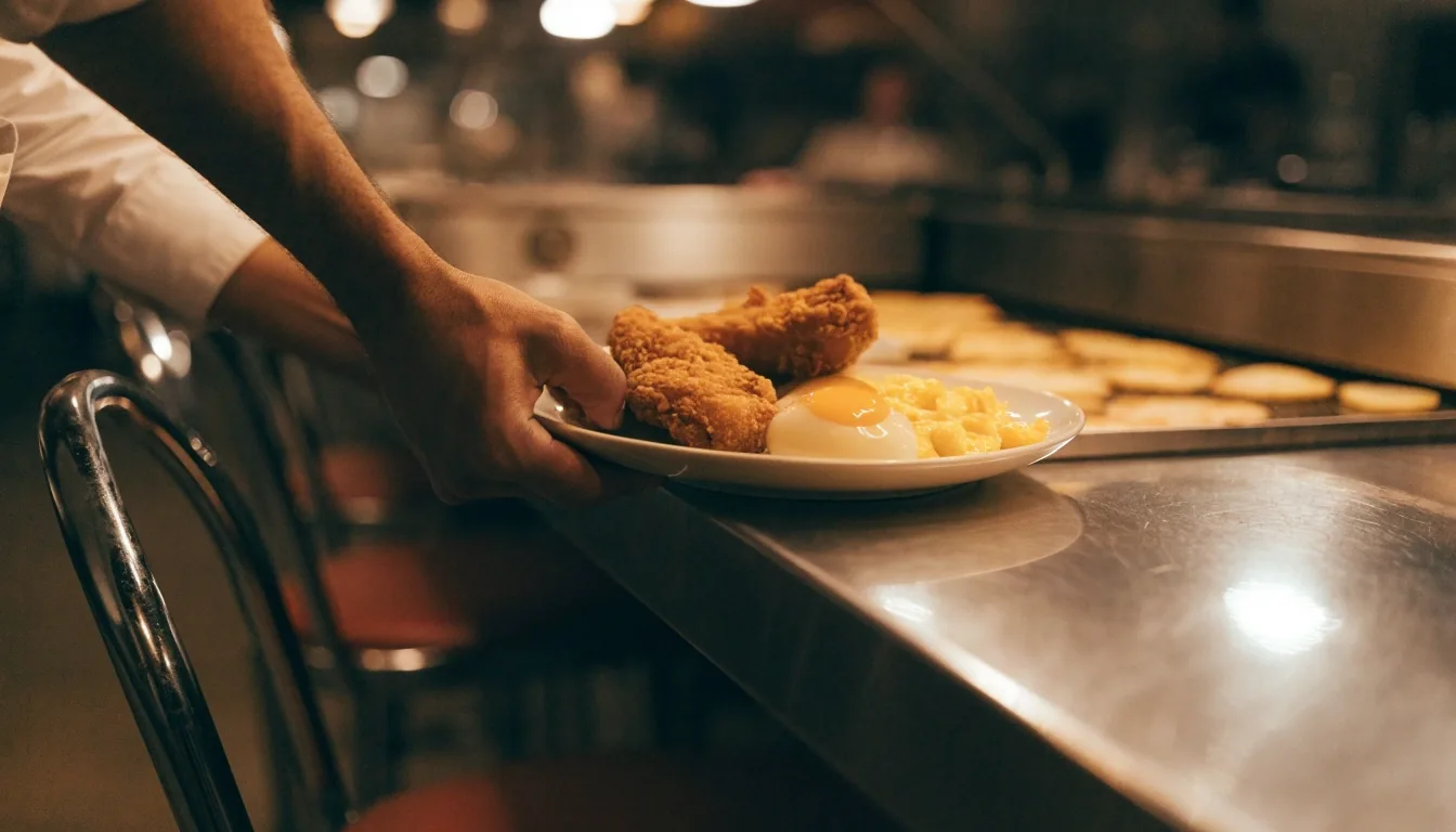 Blank order slips clipped along a diner grill rail seen from underneath