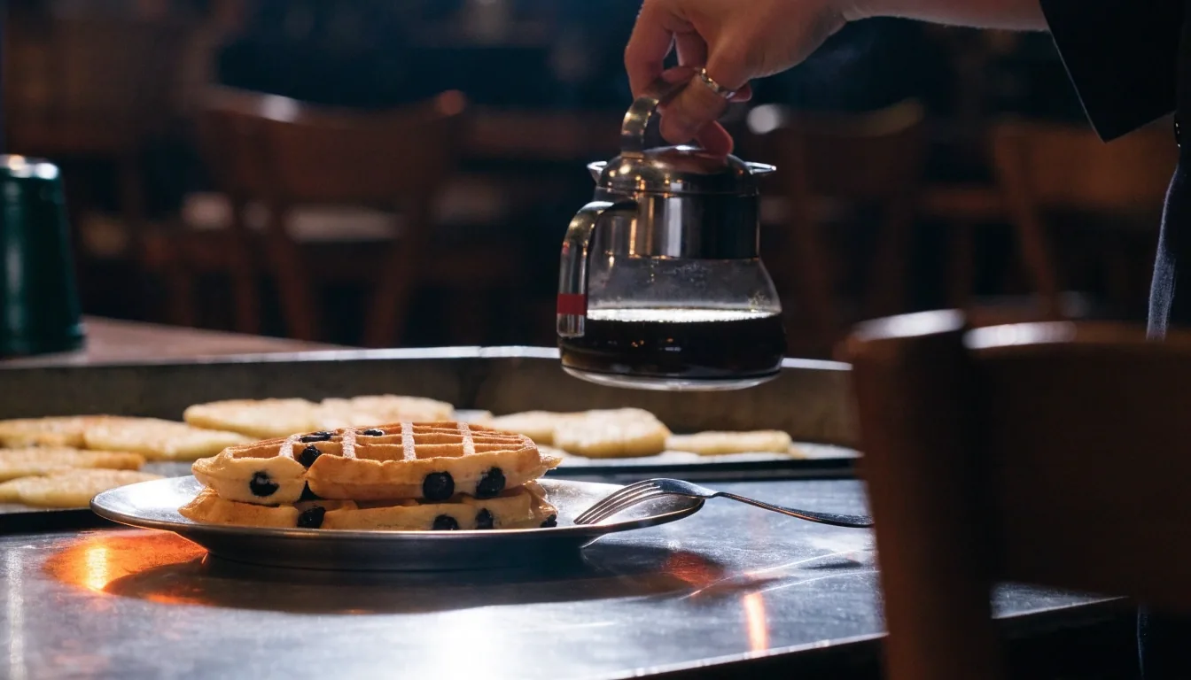 Blank order slips clipped to the rail above a diner pass, with hands refilling coffee at the bottom of the frame